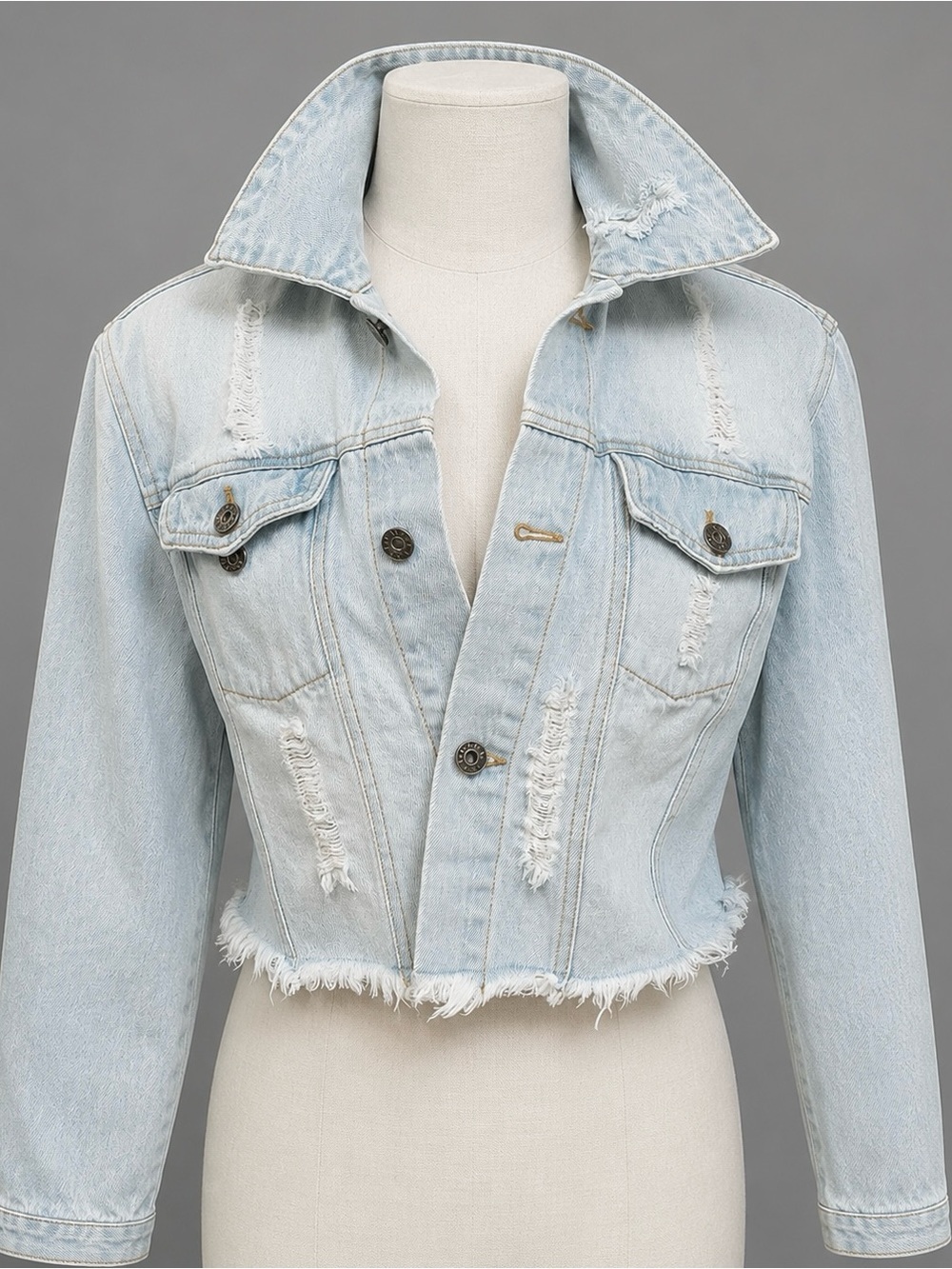 Light wash factory destroyed cropped, frayed premium denim Jean jacket